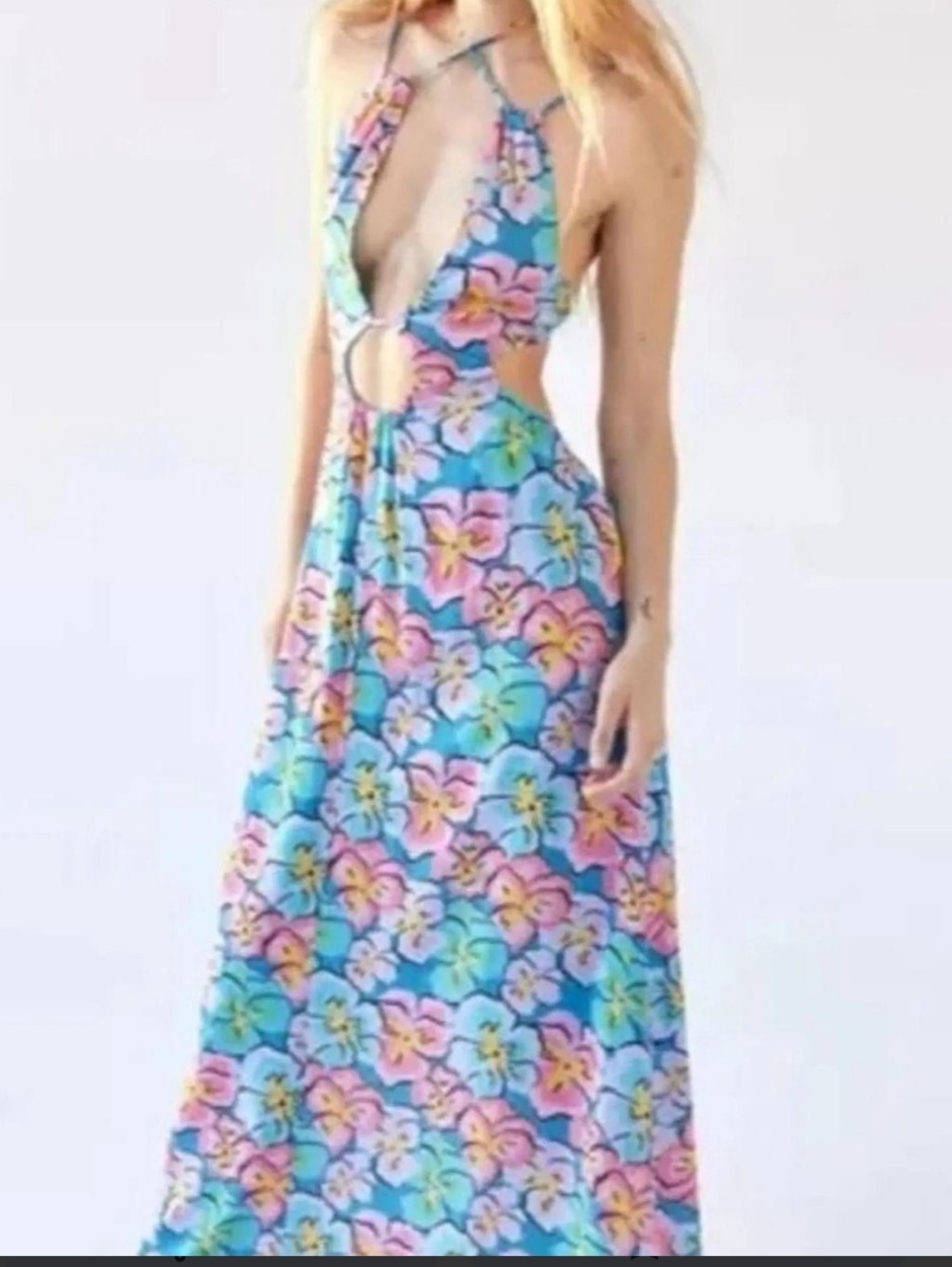 For Love & Lemons Blue Floral Halter Maxi Dress Lined Size S New With Tags